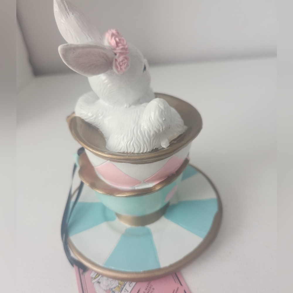 TopHat & Tails White Bunny Sitting In A Teacup Figurine with Pink Floral Crown - Picture 6 of 14